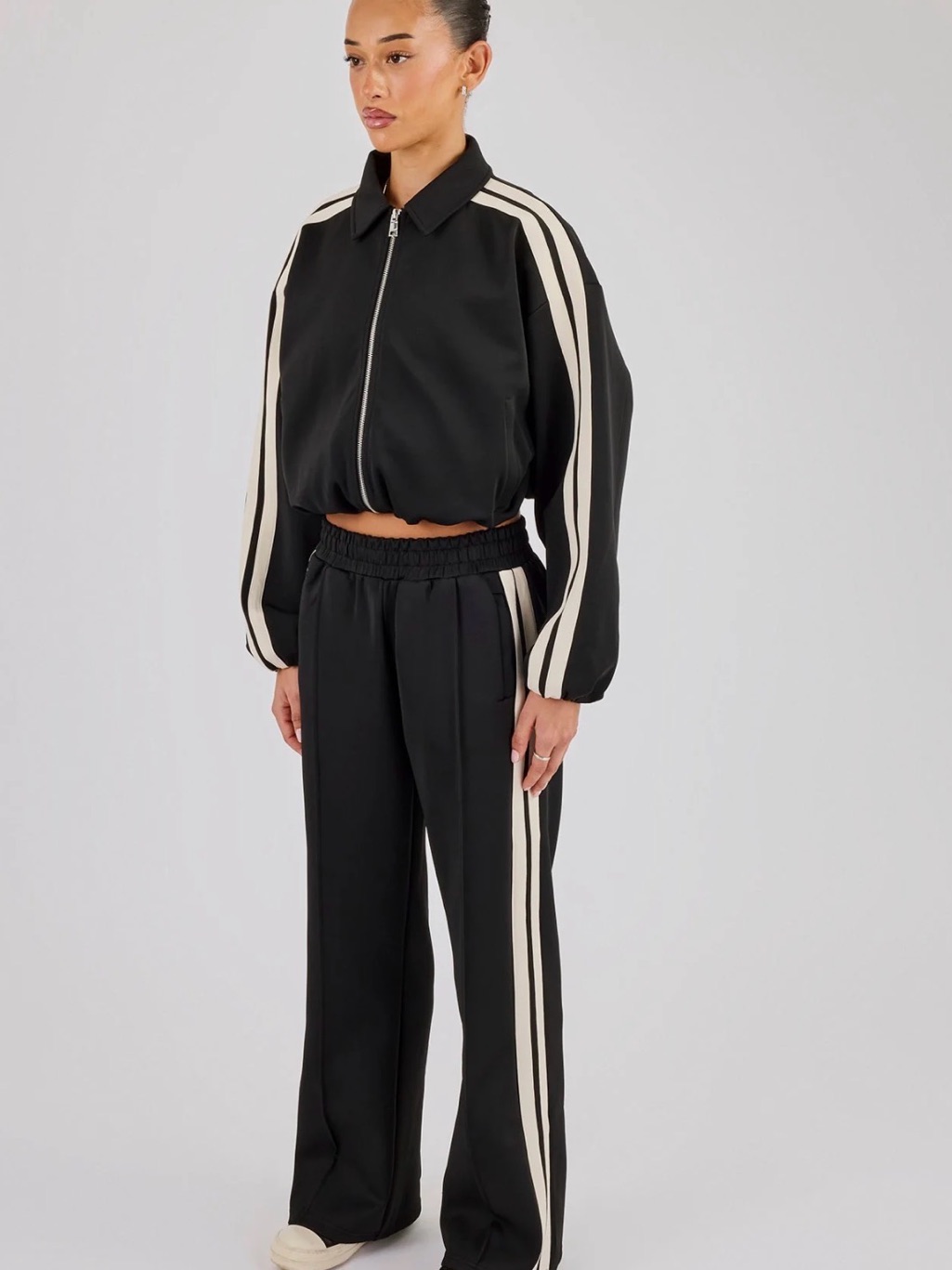 Cernucci Cropped Harrington Taping Jacket & Wide Leg Track Pant Black And Ivory